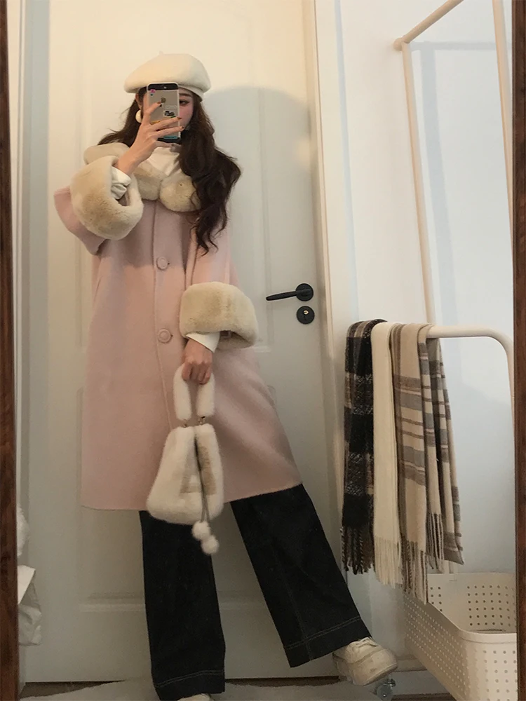 甘いピンクのウール襟スプライシングコート女性の冬の新しいSleミディアム丈ルーズウールコート優しい風Sleファイオナブル