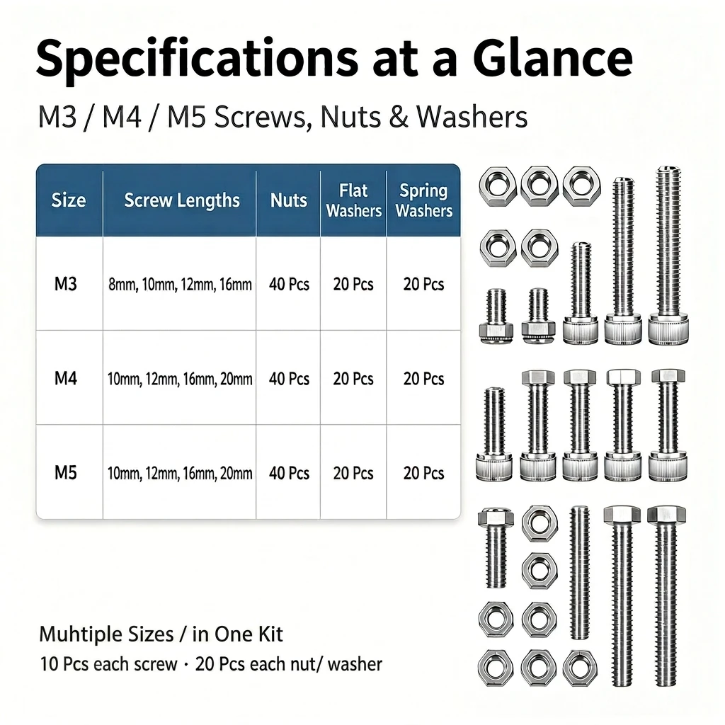 304 Stainless Steel Socket Head Cap Screw Kit M2 M3 M4 M5 Allen Hex Bolts Nuts Washers Assortment for DIY 3D Printer