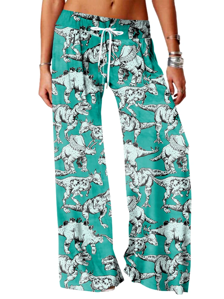 Pantaloni a gamba larga a figura intera colori dinosauro grafica stampata pantaloni a vita bassa pantaloni Casual estivi Streetwear abbigliamento donna