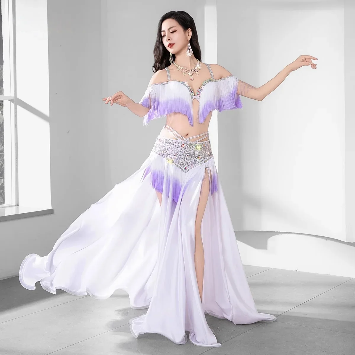 ラインストーンビーズブラジャーベルトマキシスカートグループダンス競技衣装ポップソング女性オリエンタルダンスエジプトベリーダンス衣装