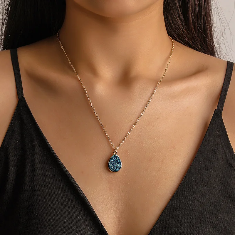 Fashion Ladies Trendy Blue Water Droplet Crystal Pendant Necklace  for Women Party Wedding Jewelry Accessories