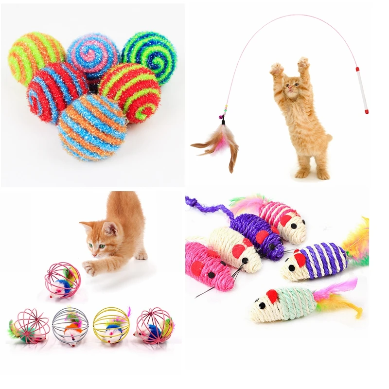 1 cat toy stick Feather stick with clock Mouse cage toy Plastic artificial colored cat tease toy Pet supplies random colors