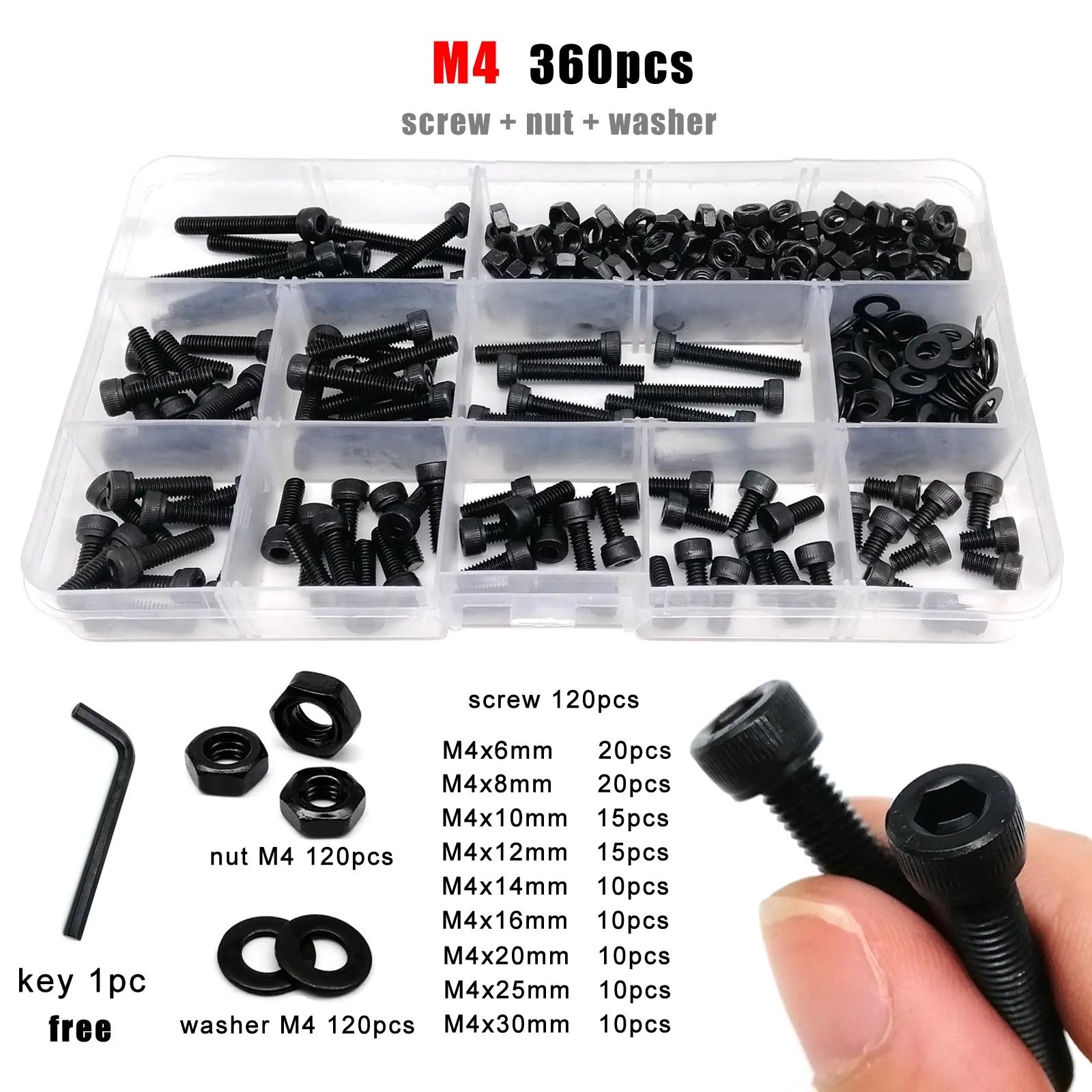 Boxed M2 M2.5 M3 M4 M5 M6 Hex Hexagon Socket Allen Cap Head Screw Bolt Nut Washer Assortment Kit DIN912 Black Grade 12.9 Steel