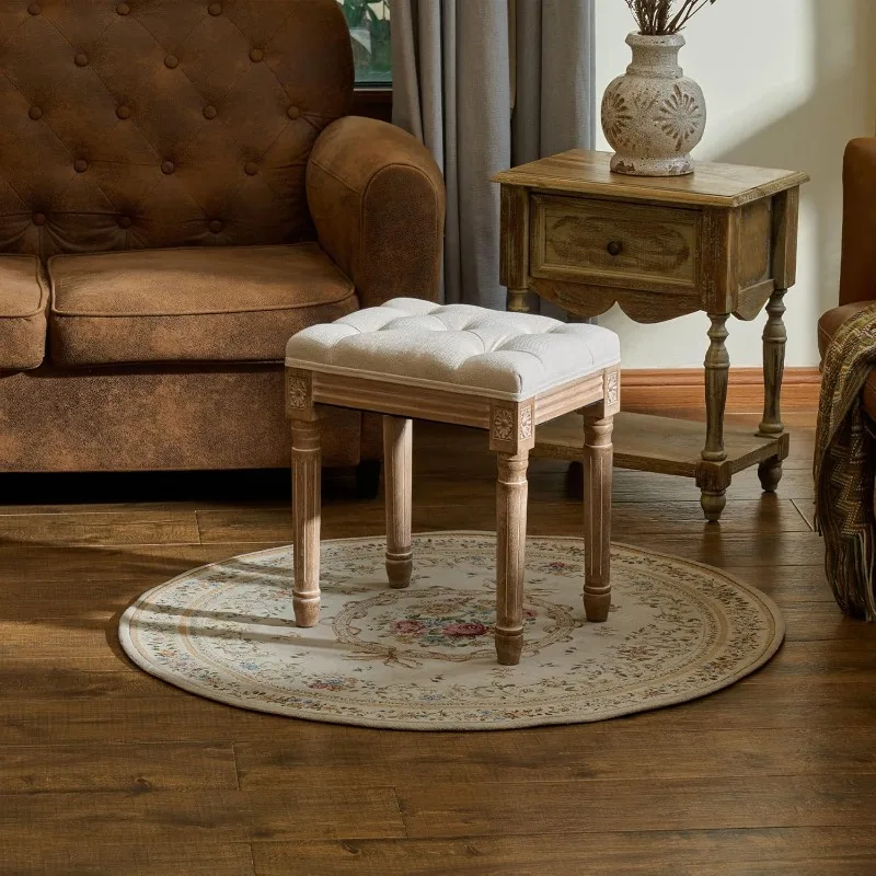 Ottoman Stool, Beige, with Padded Seat, Wood Frame, Button Tufted, for Dining, Living Room, Bedroom, Piano, Dressing