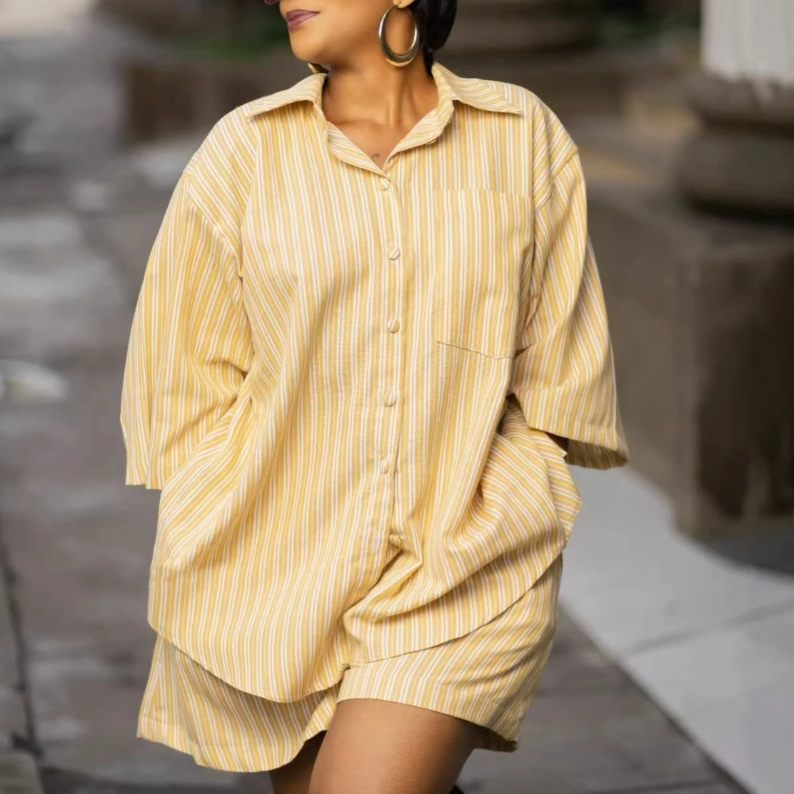 

Shorts Pant Set Women Two Piece Sets Turn Down Collar Full Sleeve Shirt Striped Short Pants Elastic Waist Y2k Streetwear Casual