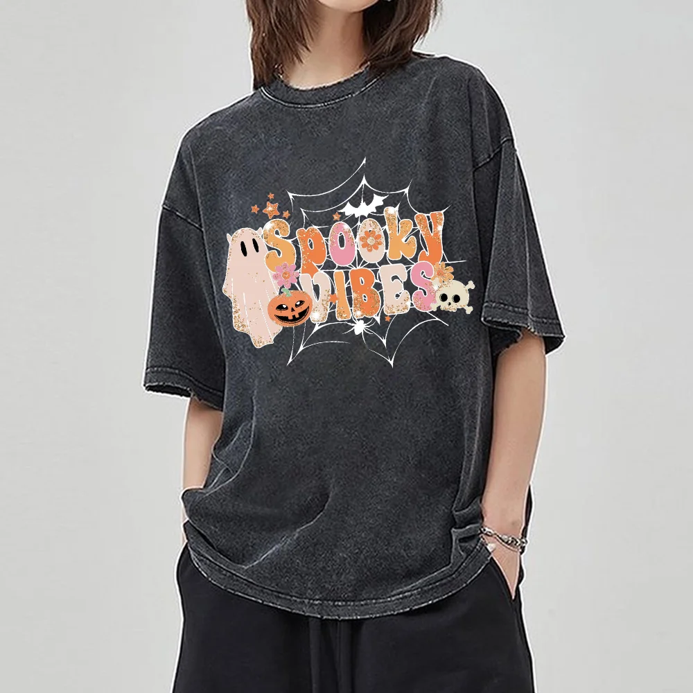 SPOOKY VIBES Monogram Print Halloween Women's T-Shirt Summer New Unisex Wash Cotton Short Sleeve Loose Top American Vintage