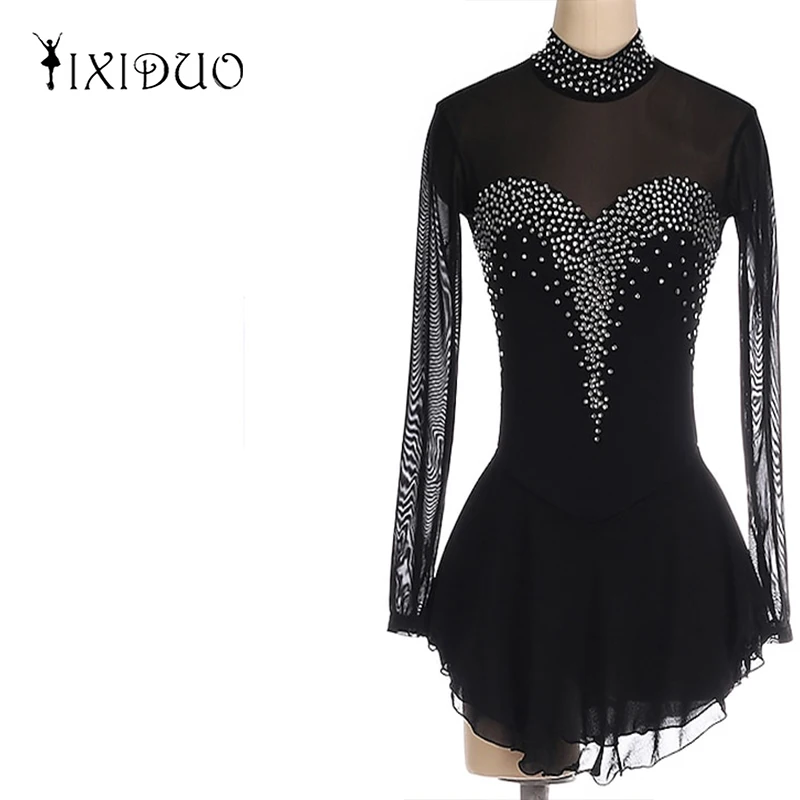 Figure Skating Skirt Water diamond New Black Swan Formal Art Competition Girl Women Sleeveless Mesh Skating Skirt Wholesale