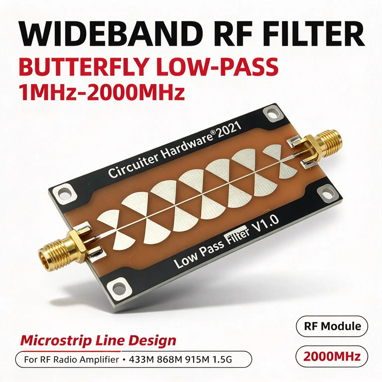 DYKB RF Low Pass Filter Butterfly Microstrip LPF 1MHz-2GHz Passband VSWR 1.5 Max for RF Radio Amplifier SDR Antenna Ham Radio