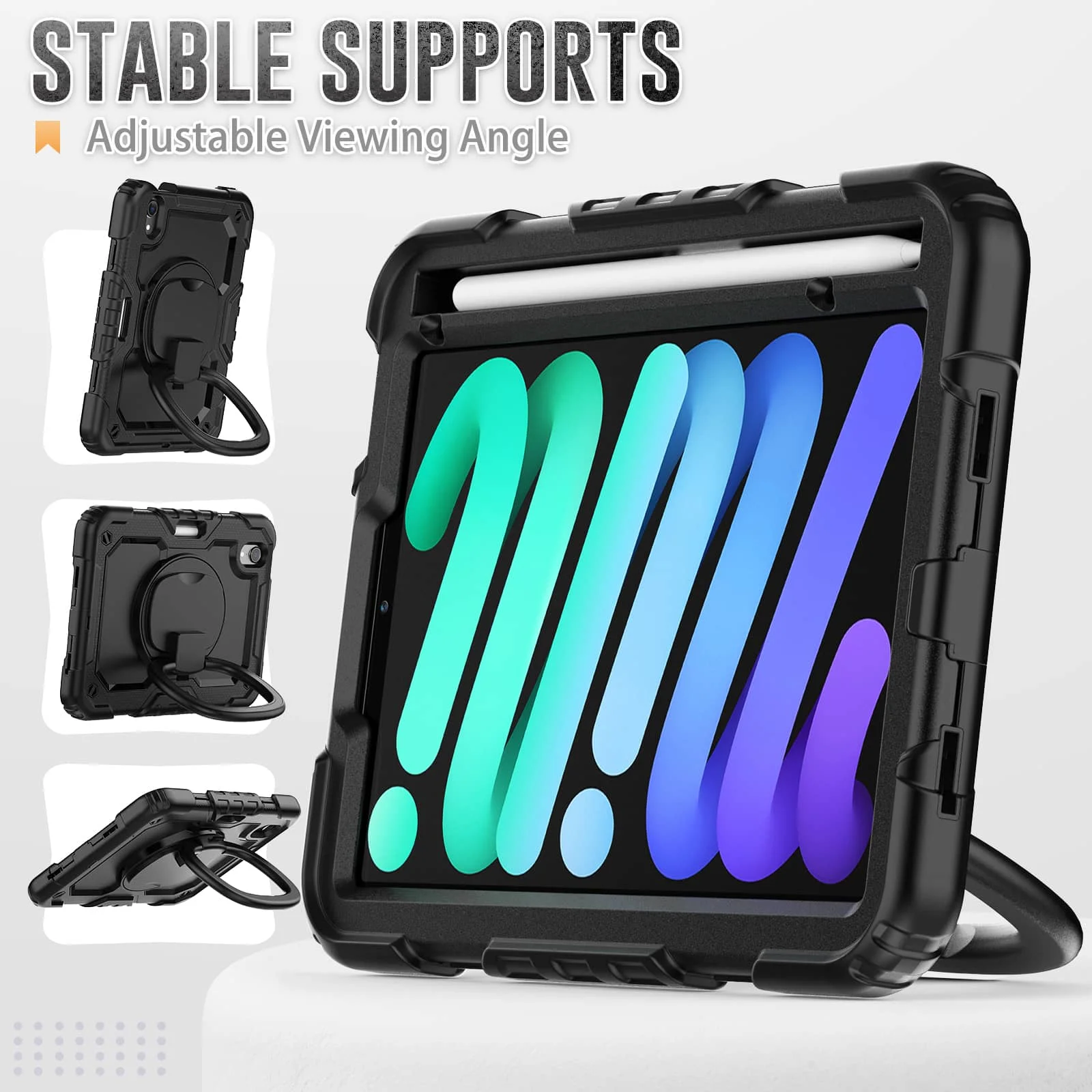 For iPad Mini 7 6 2024, Military Grade Shockproof Silicone Cover with 360 Folding Handle Grip + Handle Shoulder Strap