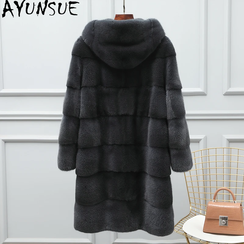 AYUNSUE 천연 밍크 모피 코트 여성 2025 겨울 따뜻한 후드 리얼 모피 코트 여성 의류 고품질 코트 여성 Шуба Женская
