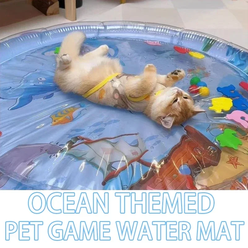 Interactive Cat Water Play Mat Inflatable Splash Pad Ocean Fish Theme Sensory PVC Crawling Toy for Cats Durable Pet Activity Pad
