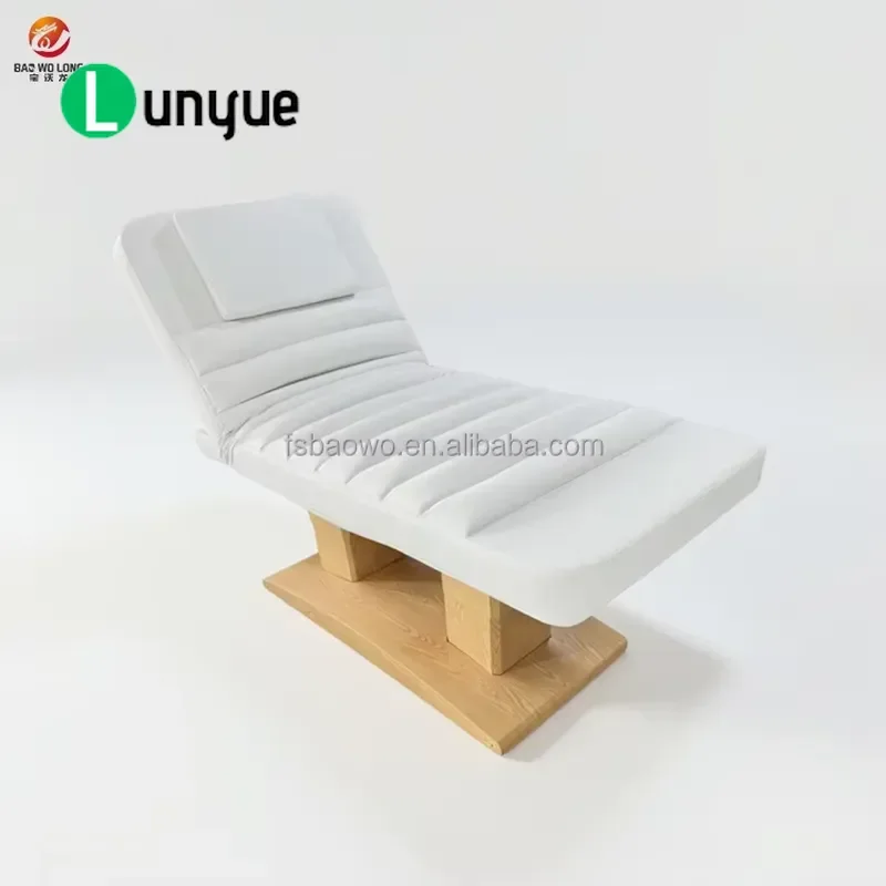 White Electric Reclining Massage Bed with Wood Grain Base 4 Motors for Spa Eyelash Care Medical Beauty Work Comfortable