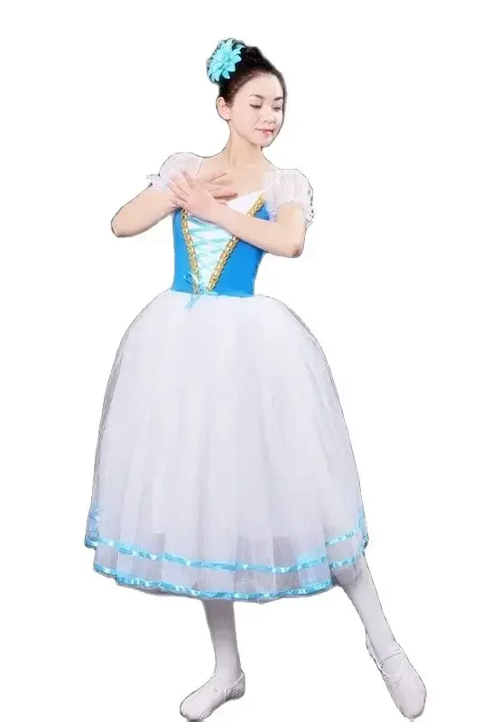 Disfraz de Ballet profesional para niña y adulto, traje de bailarina clásica, tutú de princesa, Vestido largo de baile, color verde y azul