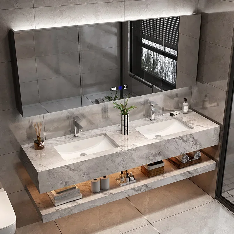 Modern Hotel Public Bathroom Double Rock Connection Ceramic Vanity Bathroom Cabinets Integrated Basin Mobili Da Bagno Furniture