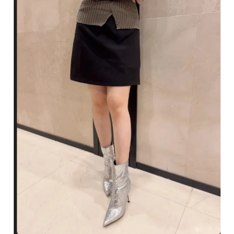 2024 Autumn and Winter New Women's Black Fashion Boots Pointed Formal High Heels Silver Black Genuine Leather Women Shoes