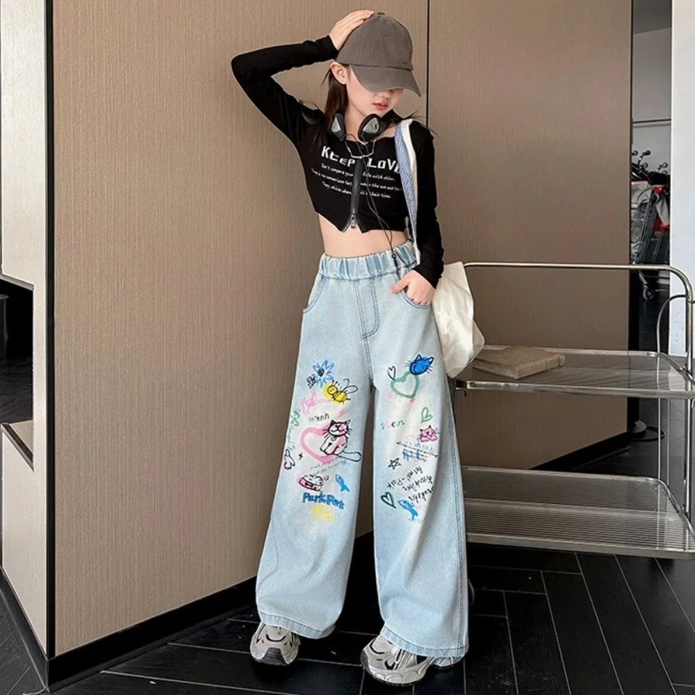 

Прямые джинсы для девочек-подростков, свободные детские джинсы с высокой талией, широкие джинсовые брюки с граффити для девочек, подарок для девочек