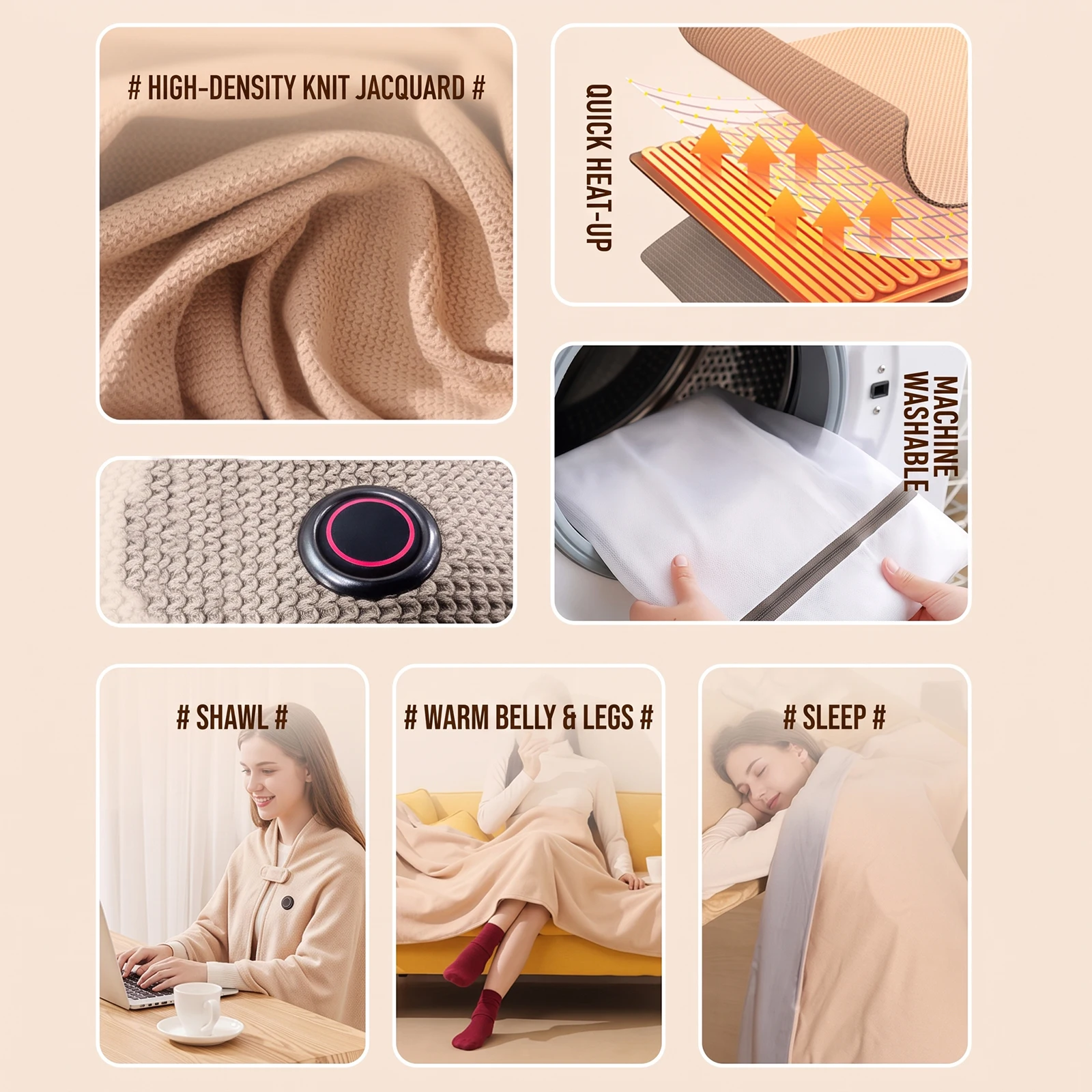 USB Electric Heated Blanket Shawl Fashion Wearable 3 Heating Levels Washable Warm Heating Scarf Portable Lap Blanket Household