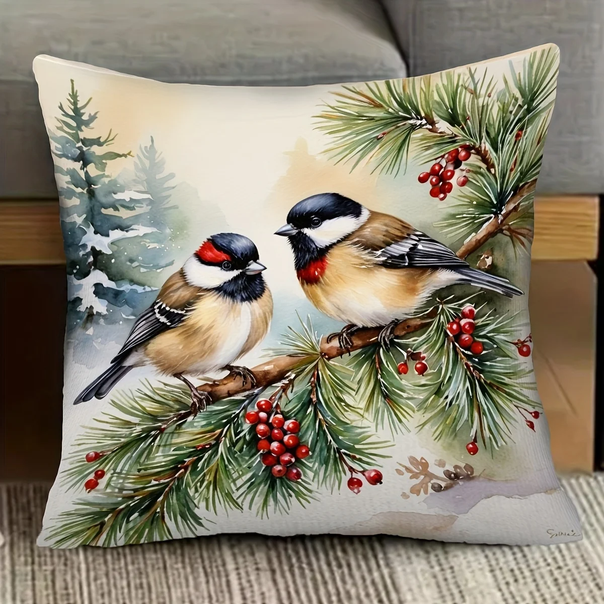 1pc, Two Birds Perched on Christmas Tree Branches with Red Berries Decorative Pillowcase, Single-sided Printing