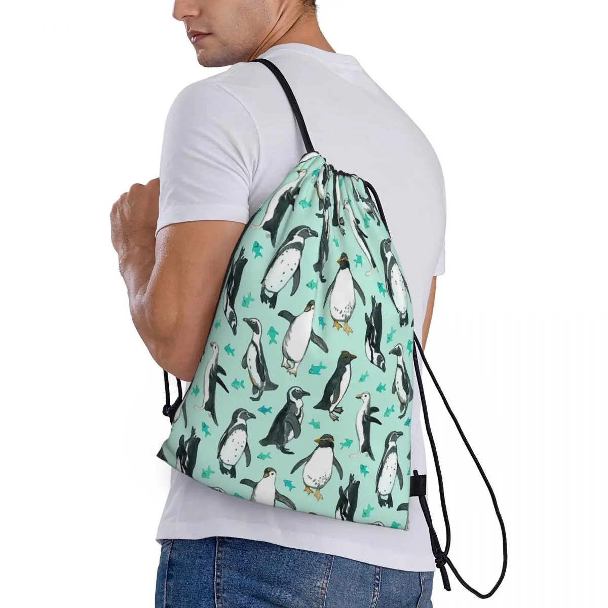 

Lots Of Little Penguins On Mint Backpacks Portable Drawstring Bags Sports Bag Book Bags for Man Woman Students