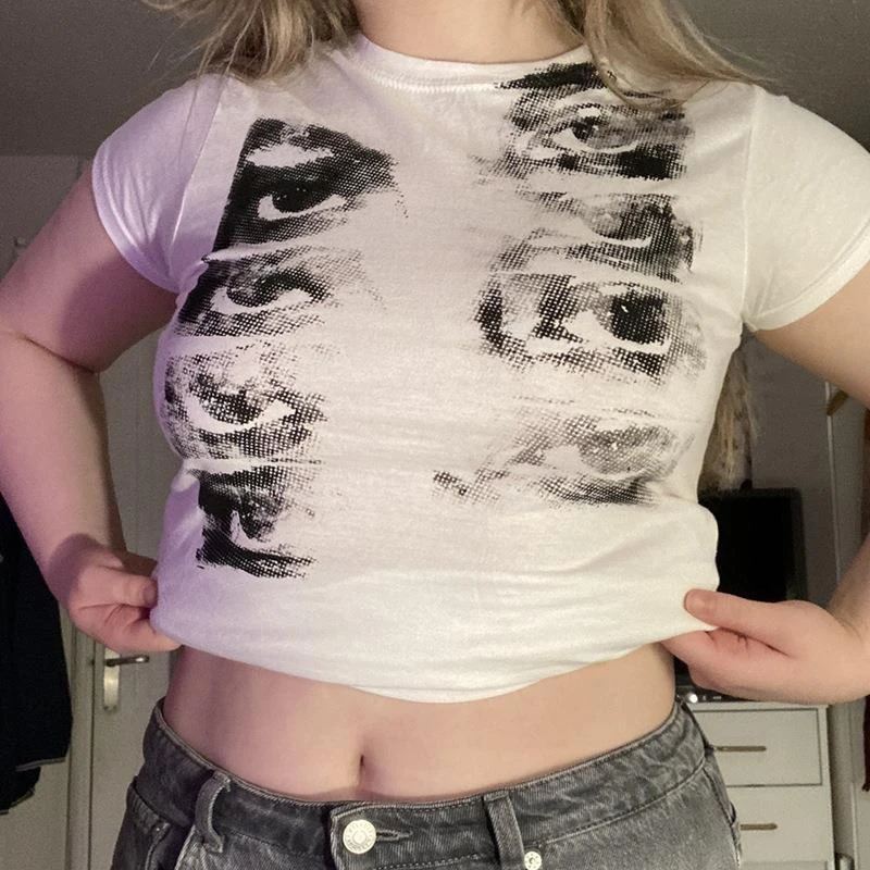 

Y2k Vintage Punk Slim Baby Tees Harajuku Eyes Printed White Crop Tops Casual Short Sleeve O-neck Basic T Shirt Women Streetwear