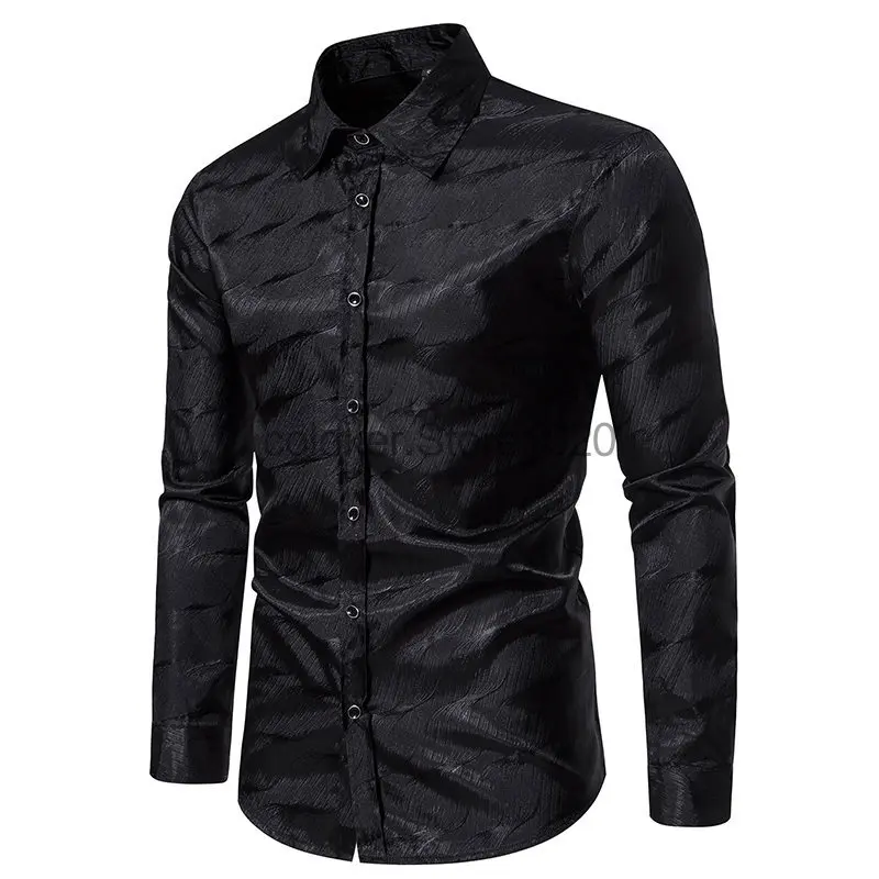 New Men's Fashion Glossy Long Sleeved Shirt Luxury Jacquard Fabric Button Lapel Blouse Christmas Ball Party Costume