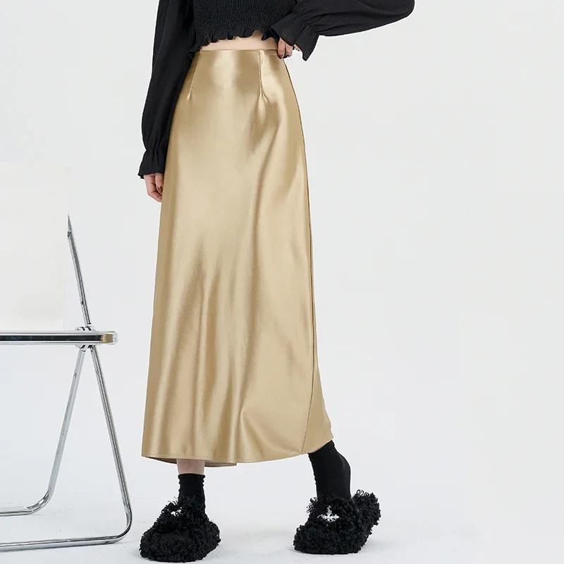 Elegant Thick Satin Maxi Skirt Fashion Luxury Slim High Waist Silver Skirts Women 2023 Autumn Office Lady Back Split Long Saias