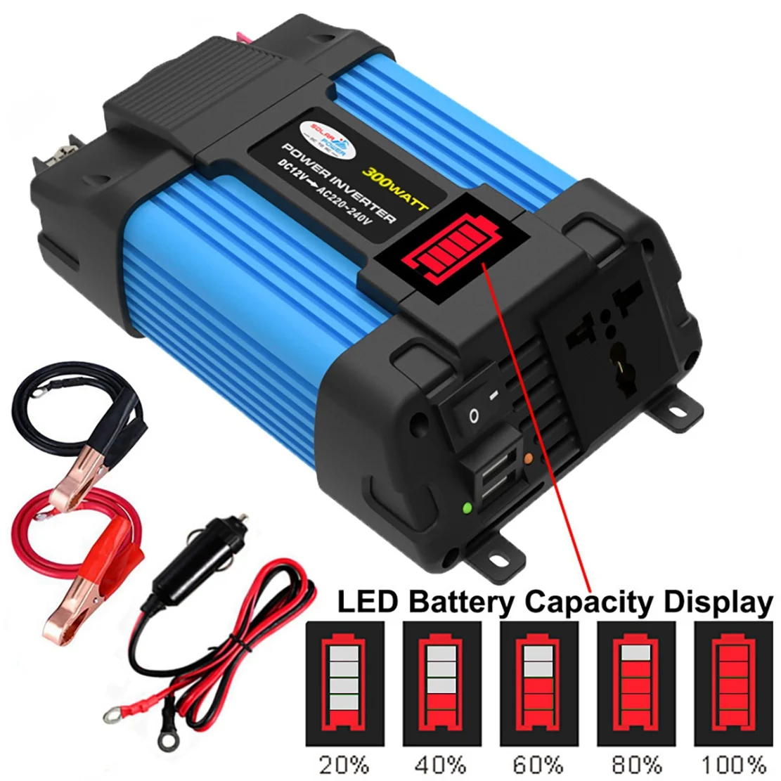 Inversor de coche de 300W y 600W, convertidor de pantalla de capacidad de voltaje LED, 12V a 220V, USB Dual