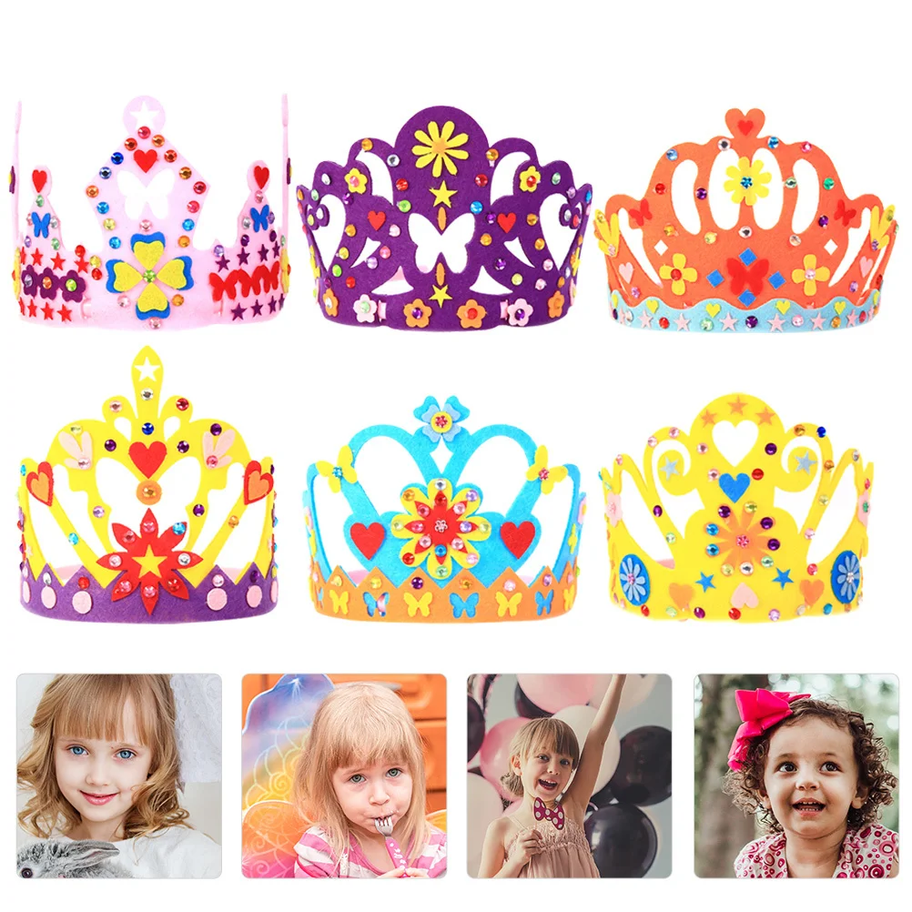 6Sets Princess Crown Hat DIY Craft Kit Creative Nonwoven Material Kindergarten Kids Party Decor Birthday Accessories