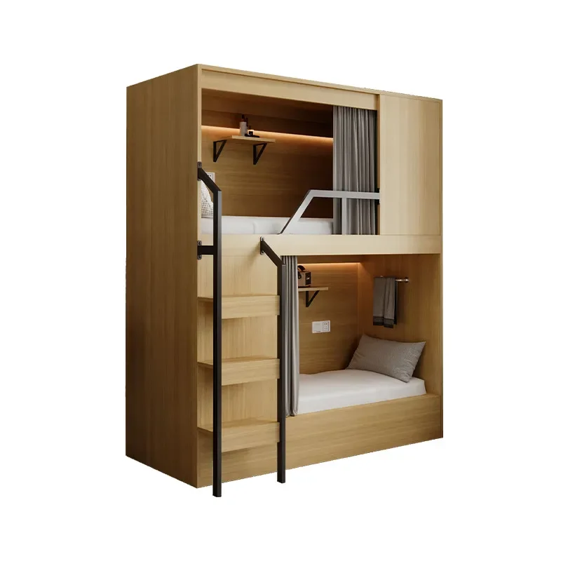 Space Capsule Bunk Bed 1.5m Double Loft Bed with Storage for Student Dorm Apartment Hostel Space Saving Multifunctional Upper