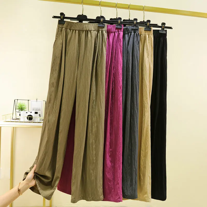 Spring summer Sun block Trousers Straight Wrinkles wide leg pants high waist Thin Pocket Pant Solid color All match