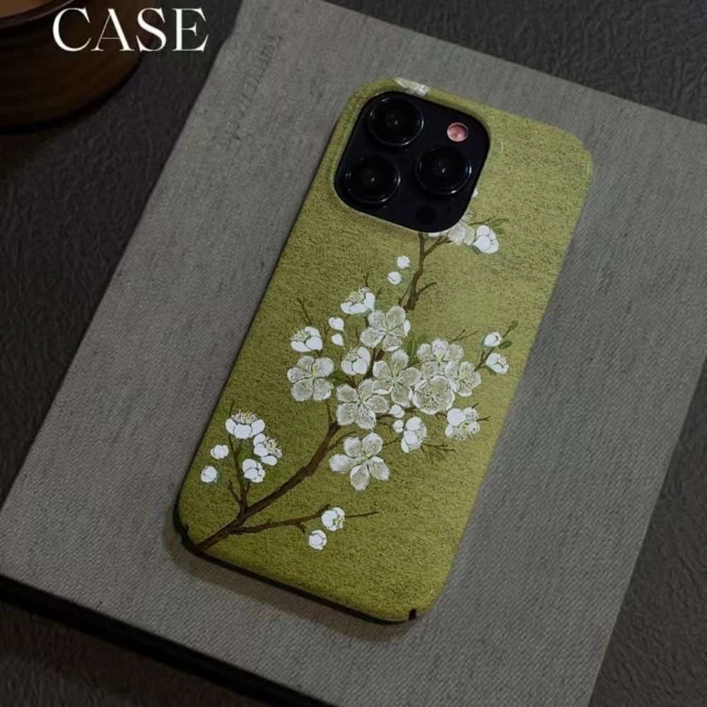 النمط الصيني الأخضر زهر البرقوق الفني قضية الهاتف آيفون 17 16 15 14 11 12 13 برو ماكس الهواء زائد الغطاء الخلفي