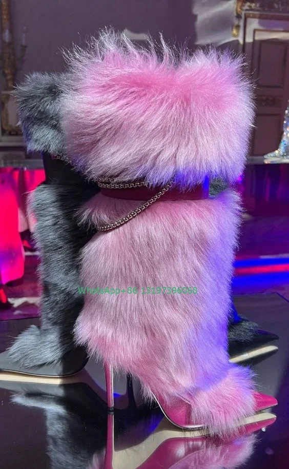 Lady hot pink fur chain design knee boots stiletto heel pointed toe boots feather high heels size 46  party dress footwear size