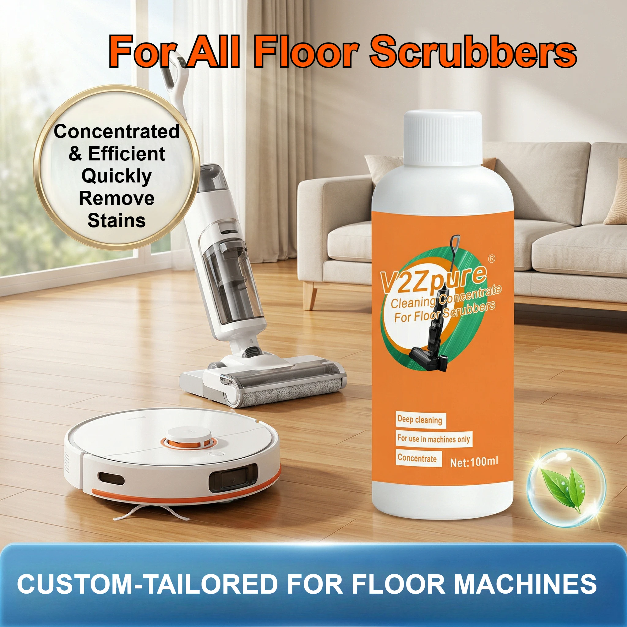 Sweeping Robot Decontamination Cleansing Liquid Solution Floor Cleaner Concentrate for Robot Vacuums, Scrubbers, Washing Robots
