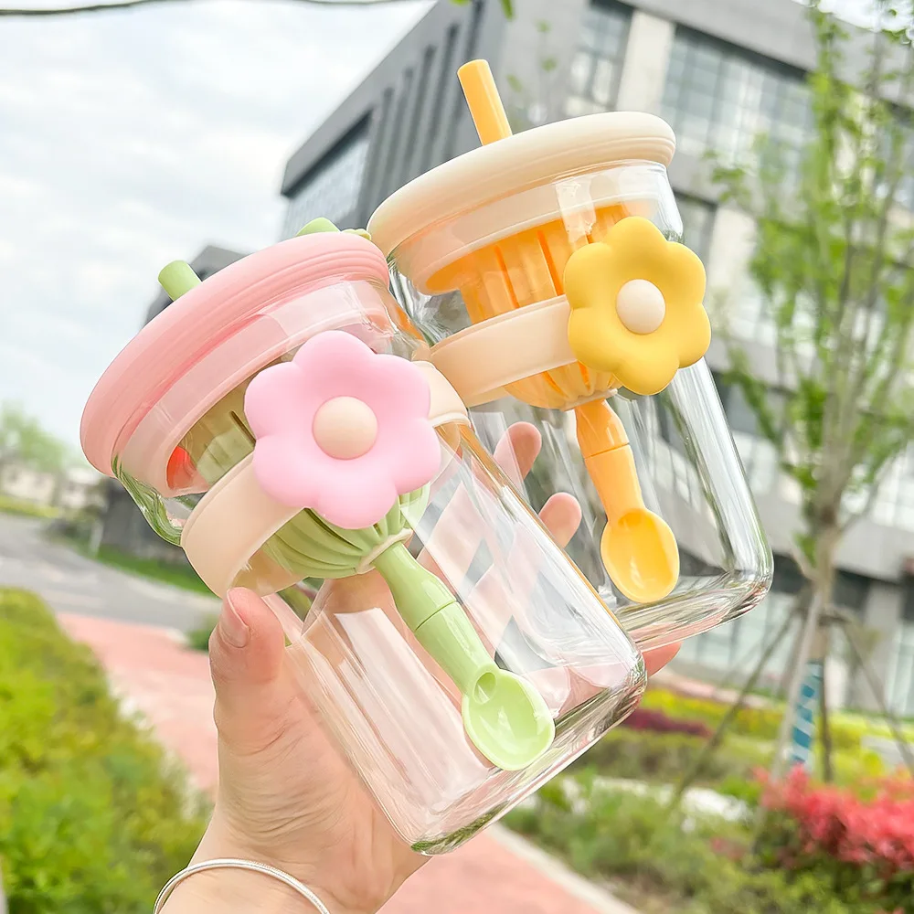 

Kawaii Flower Glass Cup Aesthetic With Lid Straw Infuser Glass Bottle Tumbler For Water Tea Juice Vintage Drinking Bottle 600ml