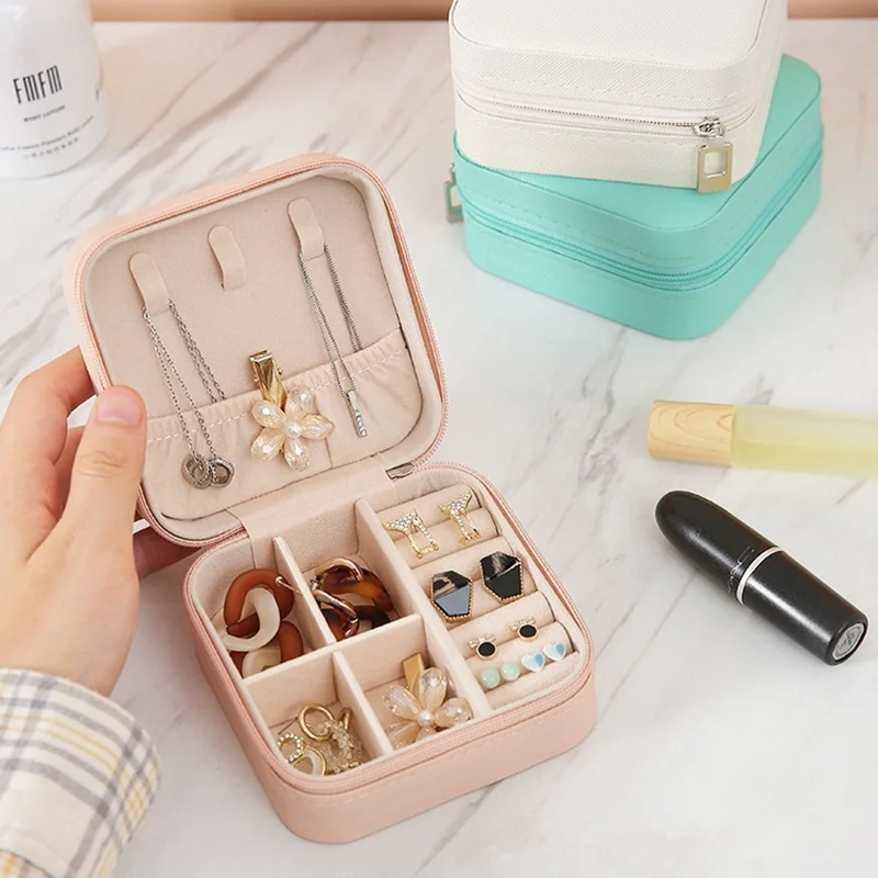 Mini Portable PU Leather Or Flannelette Zipper Jewelry Box Ring Necklace Earrings Pendant Multi-functional Jewelry Storage Box