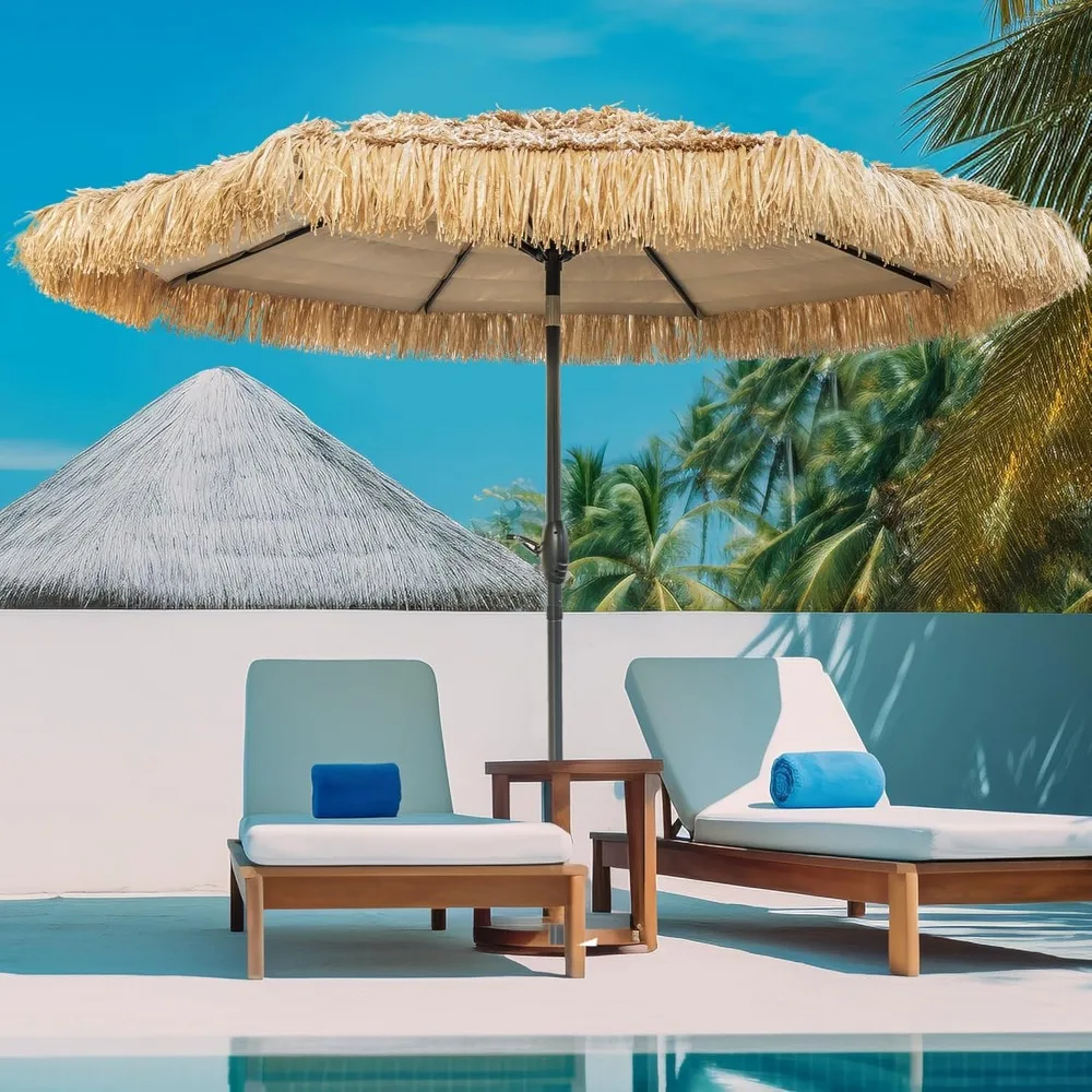 8FT Tiki Paraplu Outdoor Patio, Thatch paraplu, Tijd Tiki Paraplu Hawaiiaanse Stijl Strandparaplu