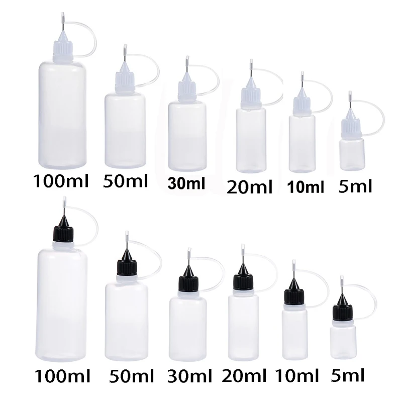 Botellas de plástico de aguja exprimibles, gotero líquido para ojos, gota de muestra, puede ser aplicador de tinta de pegamento, contenedores rellenables, 5 piezas, 3ml-120ml