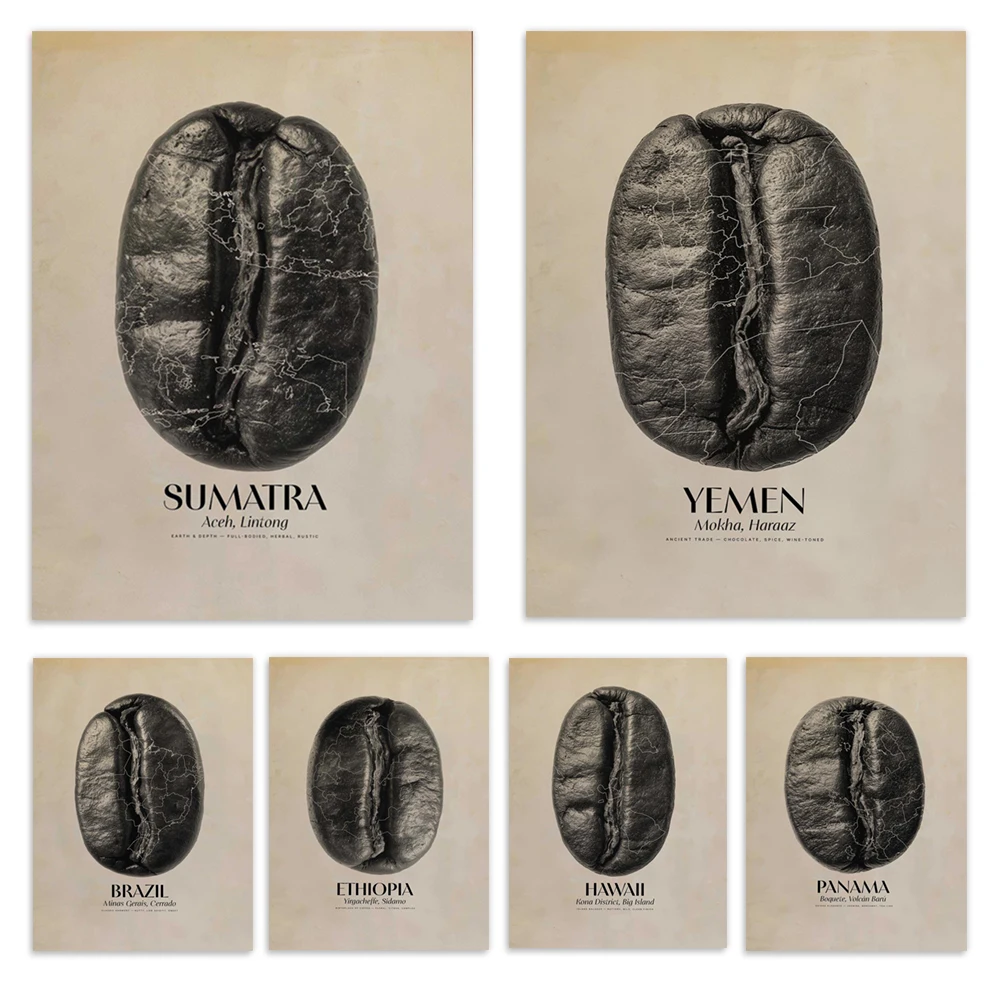 Maps of coffee origins in Ethiopia, Hawaii, Sumatra, Yemen, Brazil, and Panama; coffee posters; barista cafe decorations.