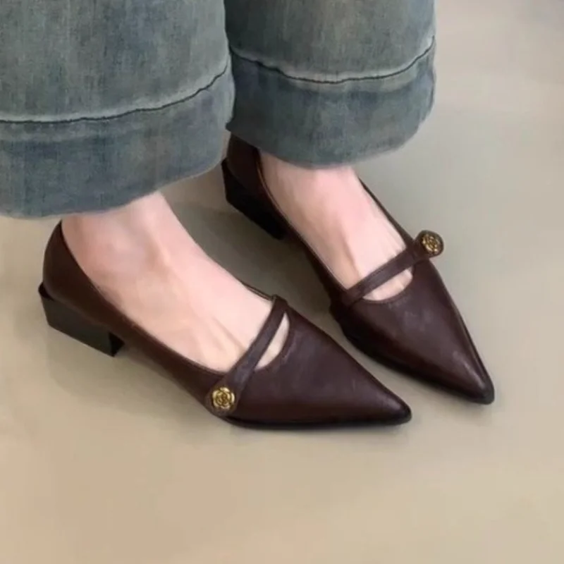 

Винтажная женская обувь на низком каблуке, весна/лето, новый стиль, модные удобные маленькие туфли с острым носком и золотой пряжкой