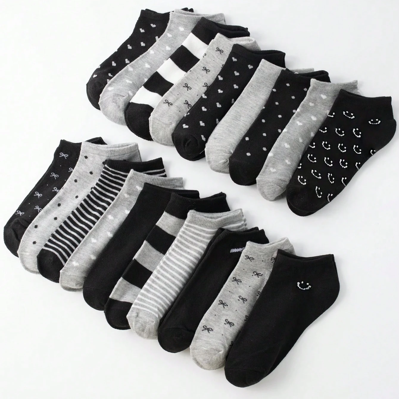 20 Pairs Women/Men Family Matching Short Socks, Black & Grey Series With Bow, Heart, Stripe