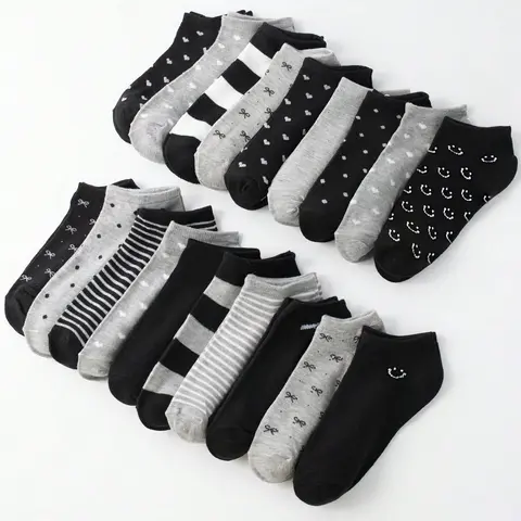 20 Pairs Women/Men Family Matching Short Socks, Black & Grey Series With Bow, Heart, Stripe