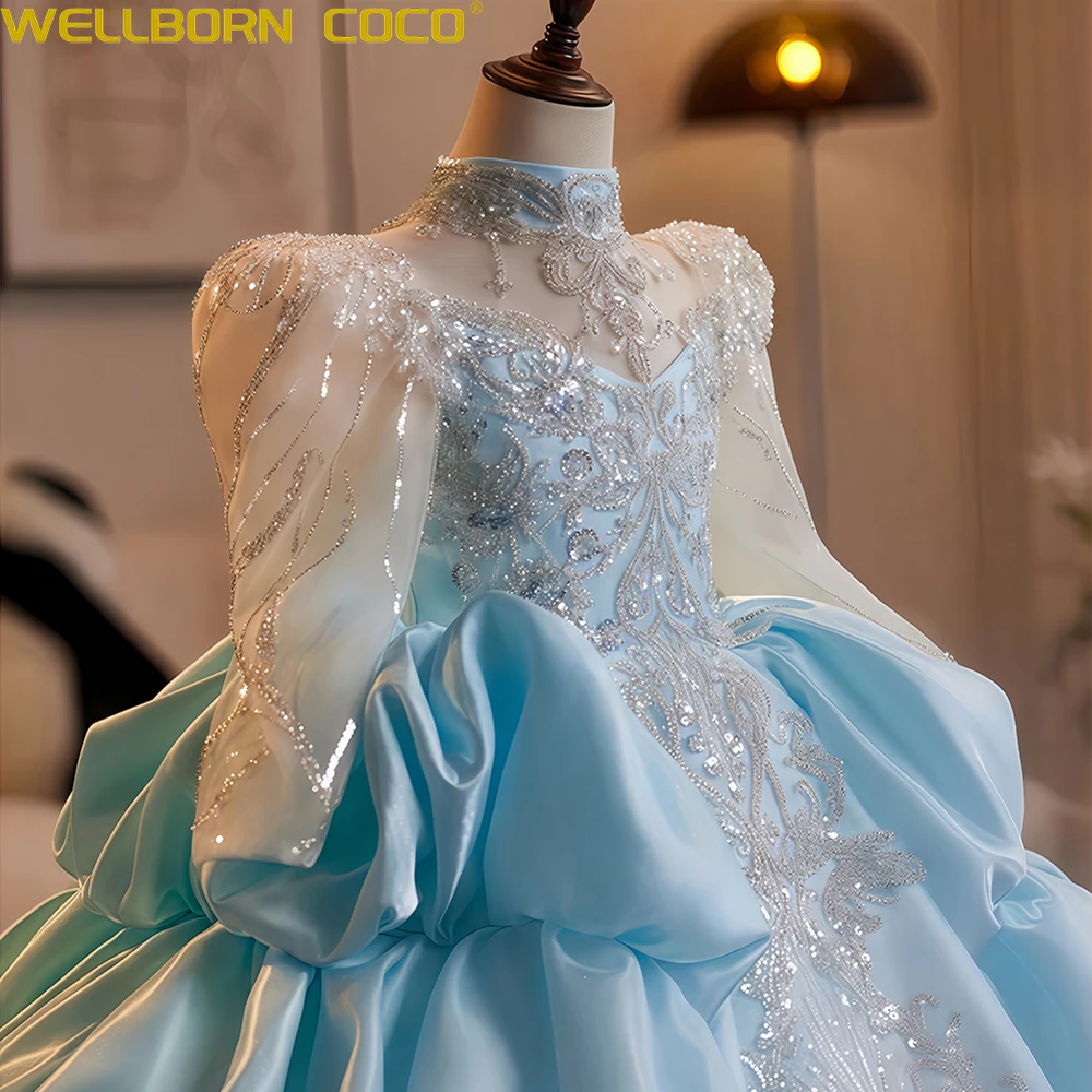 Abiti da ragazza di fiore blu per applicazioni di nozze Splendido bambino Eventi formali Abito da festa da sera Abito da compleanno principessa di lusso