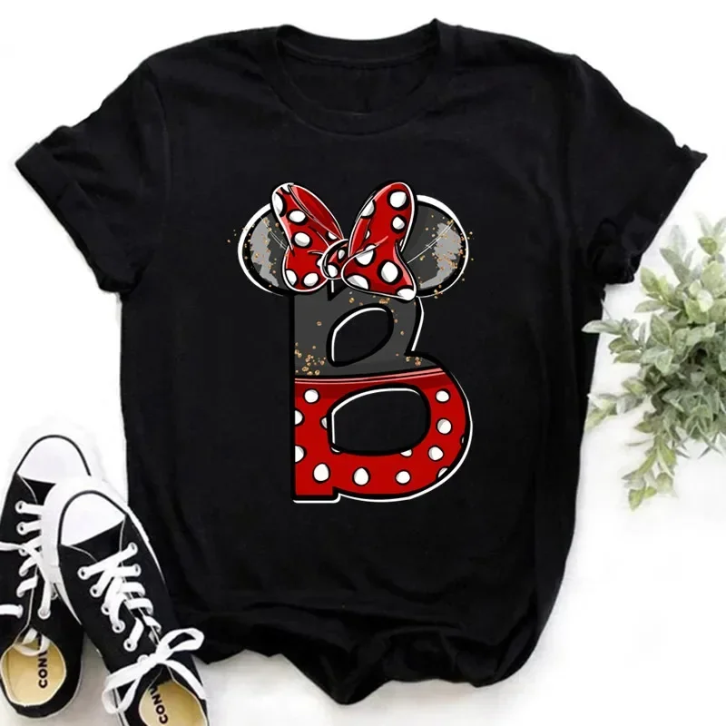 2024 Disney Kids Clothing Minnie Mouse Red Gold Grey Black Glitter Hand-drawn Letters A-Z Print Girls T-shirt Black Y2k Tops