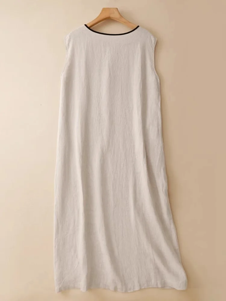 النمط الفني سترة كتان عادية فستان للنساء الصيف الراقية مزاجه اللون منعت الجولة الرقبة بلا أكمام Ddress W388