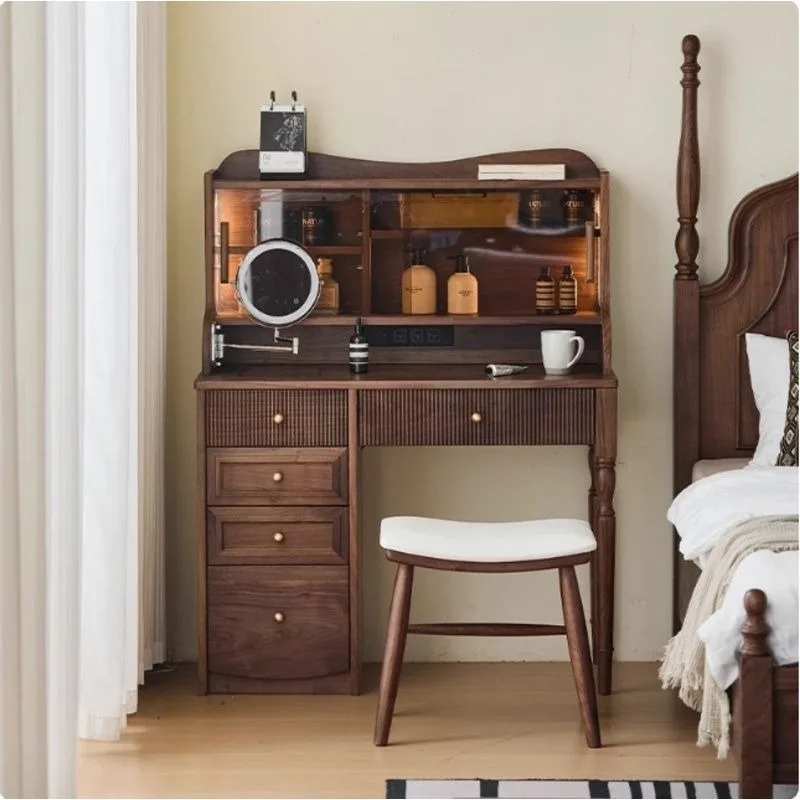 Solid wood retro dresser, black walnut makeup table, bedroom modern simple high-end dressing table storage cabinet integrated