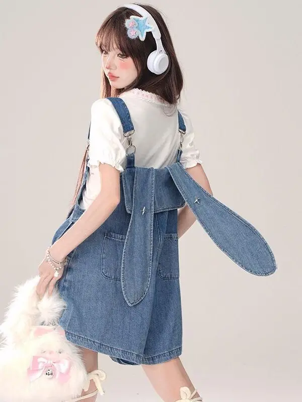 Cute Rabbit Ear Denim Overalls Women's Summer plus Size Slimming One-Piece Pants Trendy And Ageless for plus Size Sisters