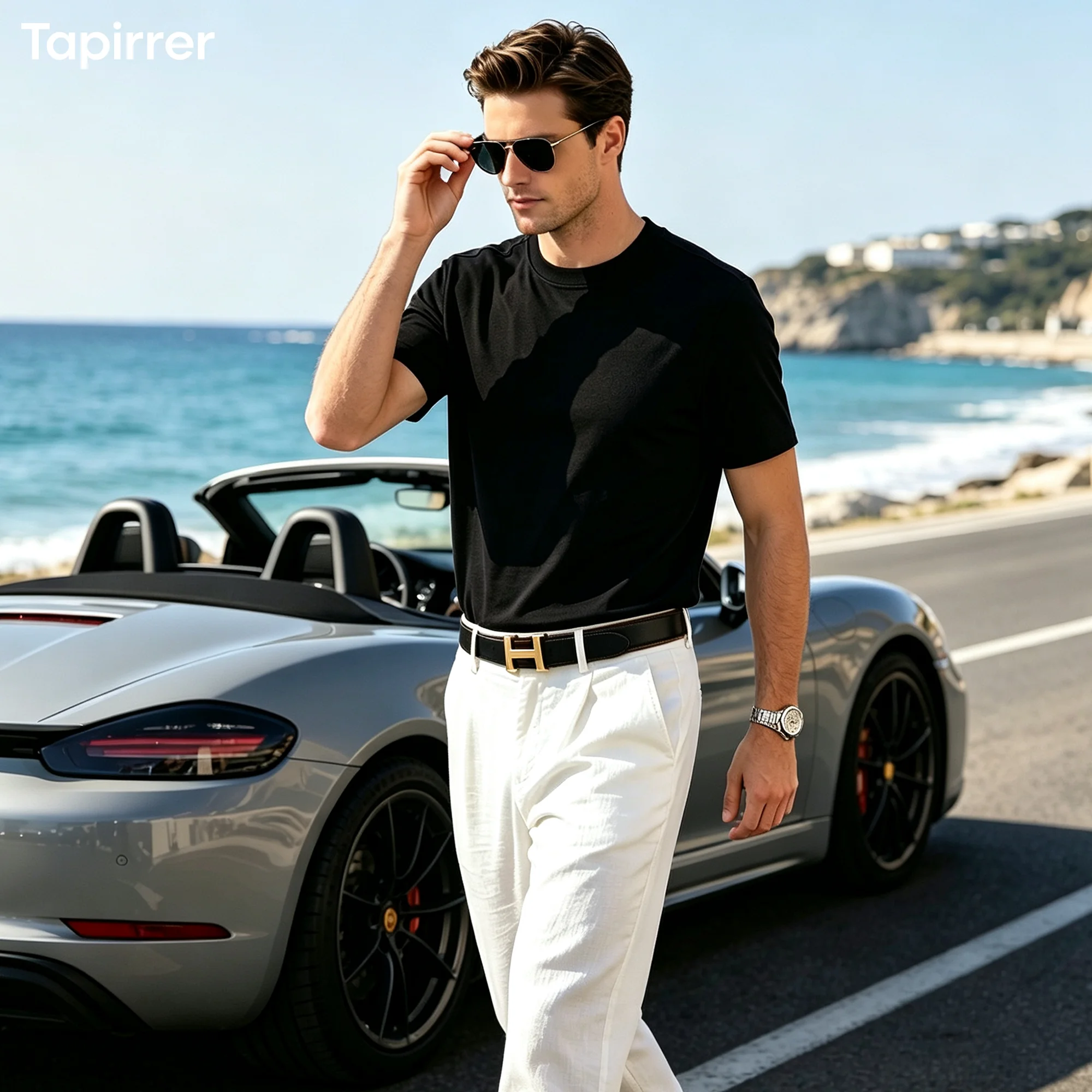 

2026 Spring/Summer New Tapirrer Lychee Pattern Leather Stitched Shoulder Decor T-Shirt Men's Modal Fabric Ice-Cool Sports Breathable Business Casual Old Money Style Light Luxury Short Sleeve