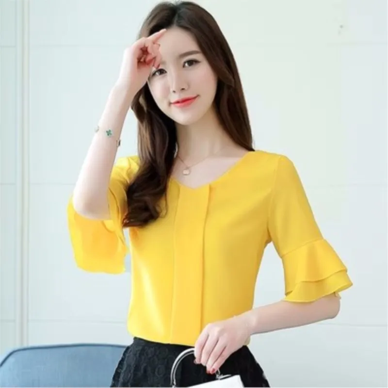 Womens Blouses Summer Flare Sleeve Chiffon Blouse Shirt Women Tops Ladies Work Wear Office Blusa Feminina Shirts 3929