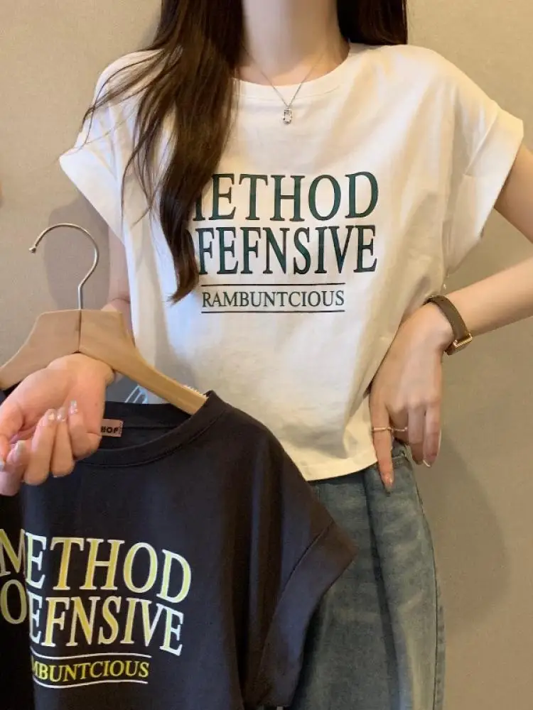 Cute Style Short Sleeve T-Shirt Women's Summer New Fashion Drawstring Top Small Size Trendy Short Length round Neck Cotton