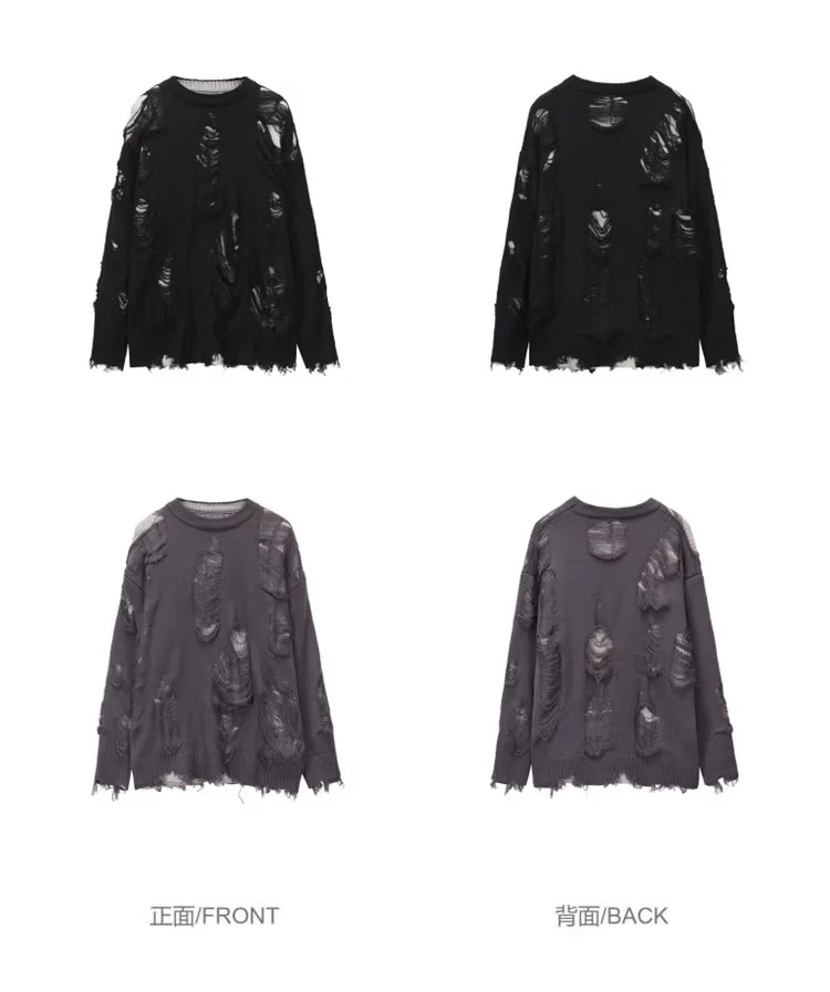 2025 Spring and Autumn New Men's Dark Style Design Matching Necklace Black Red Sweater Distressed Hollow Gray Casual Sweater